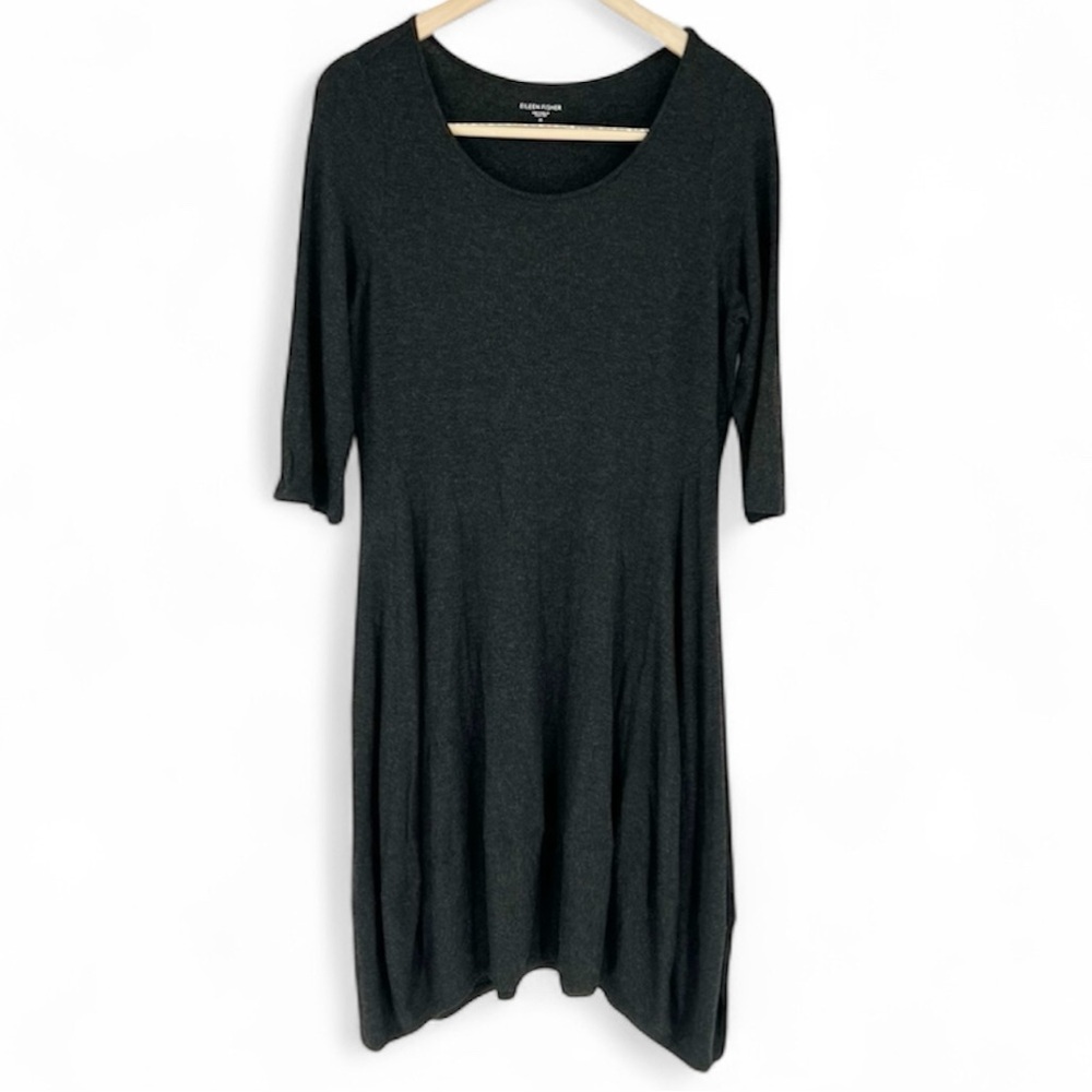 Eileen‎ Fisher Jersey 3/4 Sleeve Charcoal Gray Dress Medium